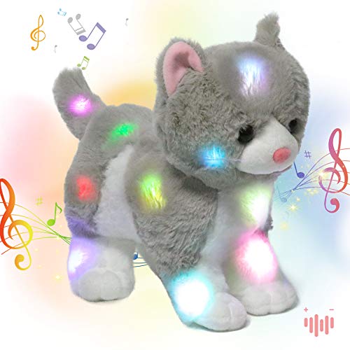 Hopearl LED Musical Stuffed Kitty Light up Singing Plush Cat Adjustable Volume Lullaby Animated Soothe Birthday Gifts for Kids Toddler Girls Grey 135 - Image 1