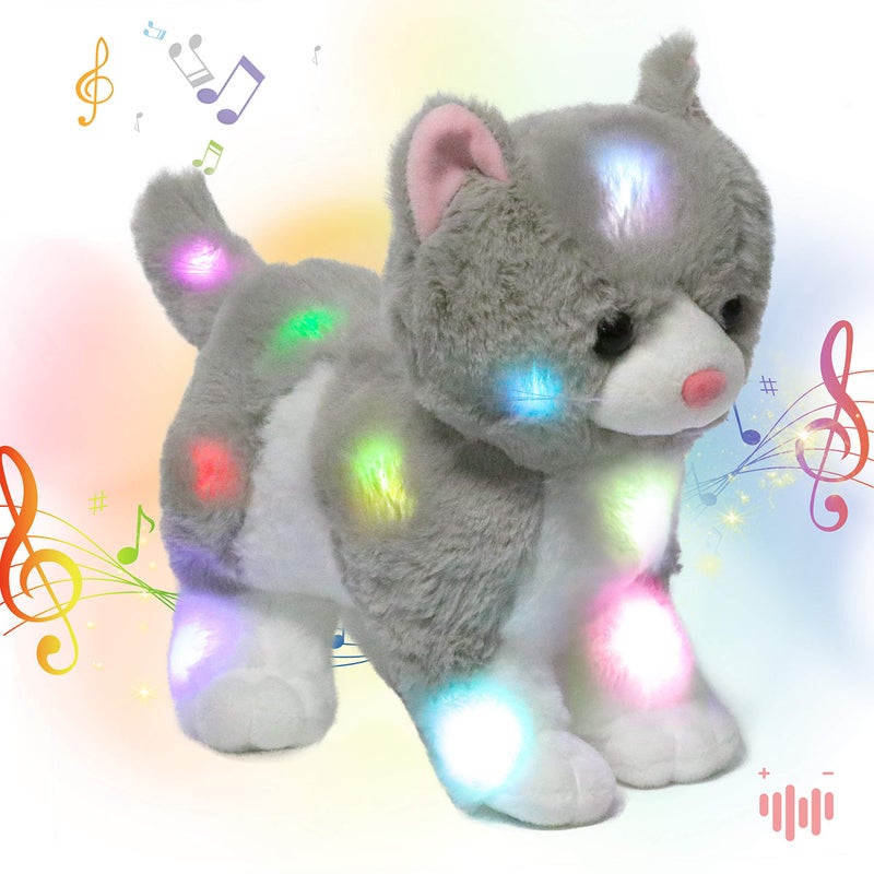 Hopearl LED Musical Stuffed Kitty Light up Singing Plush Cat Adjustable Volume Lullaby Animated Soothe Birthday Gifts for Kids Toddler Girls Grey 135 - Image 3
