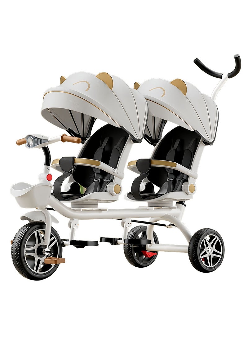 ما بيبي عربة أطفال قابلة للتحويل 2 في 1 ودراجة ثلاثية العجلات، دراجة عربة أطفال مزدوجة للتوأم، مقعد متكئ ودوران 360 درجة، دراجة ثلاثية العجلات للأطفال تنمو معي على 4 مراحل مع مظلة شمسية وأضواء موسيقية، تصميم خفيف الوزن وقابل للطي - Image 1