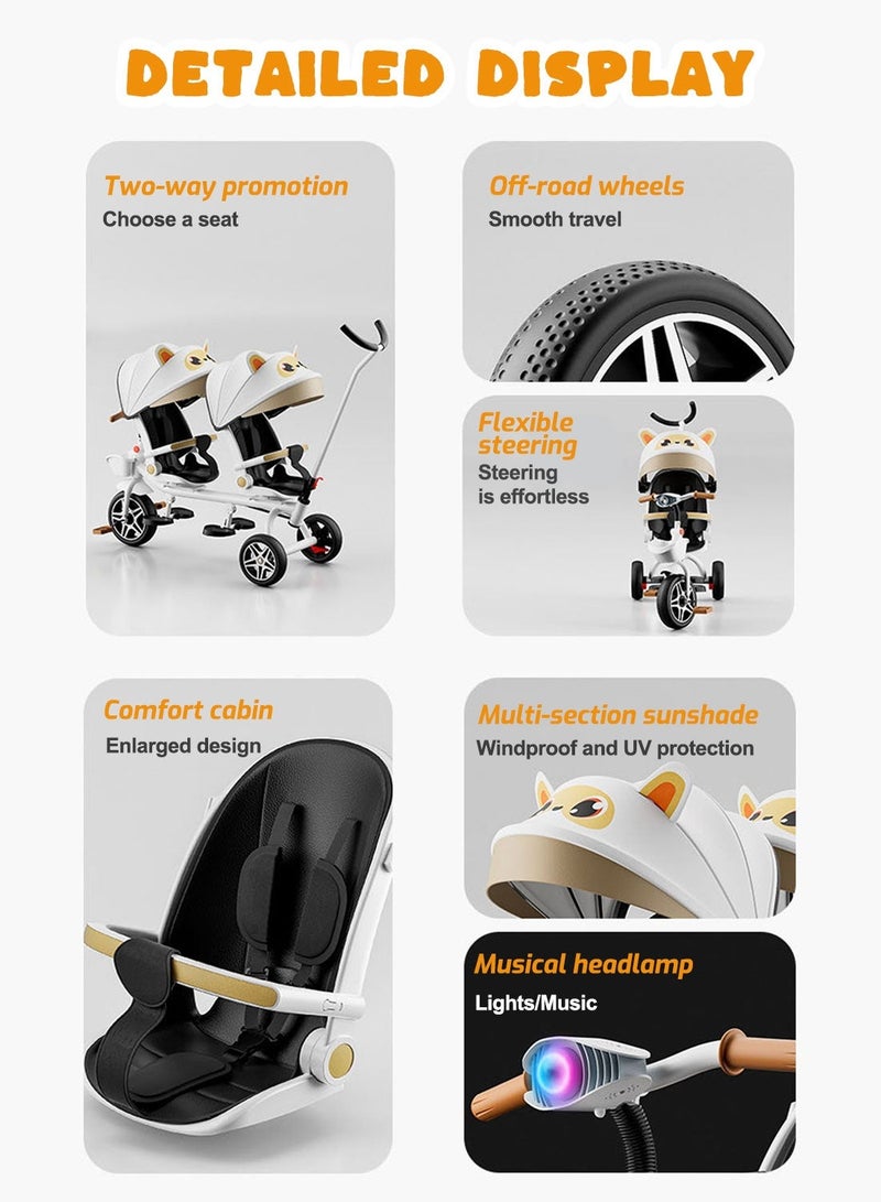 ما بيبي عربة أطفال قابلة للتحويل 2 في 1 ودراجة ثلاثية العجلات، دراجة عربة أطفال مزدوجة للتوأم، مقعد متكئ ودوران 360 درجة، دراجة ثلاثية العجلات للأطفال تنمو معي على 4 مراحل مع مظلة شمسية وأضواء موسيقية، تصميم خفيف الوزن وقابل للطي - Image 3