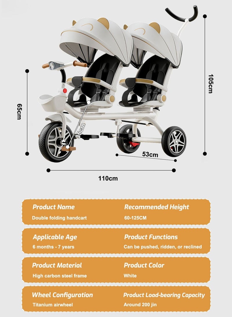 ما بيبي عربة أطفال قابلة للتحويل 2 في 1 ودراجة ثلاثية العجلات، دراجة عربة أطفال مزدوجة للتوأم، مقعد متكئ ودوران 360 درجة، دراجة ثلاثية العجلات للأطفال تنمو معي على 4 مراحل مع مظلة شمسية وأضواء موسيقية، تصميم خفيف الوزن وقابل للطي - Image 4