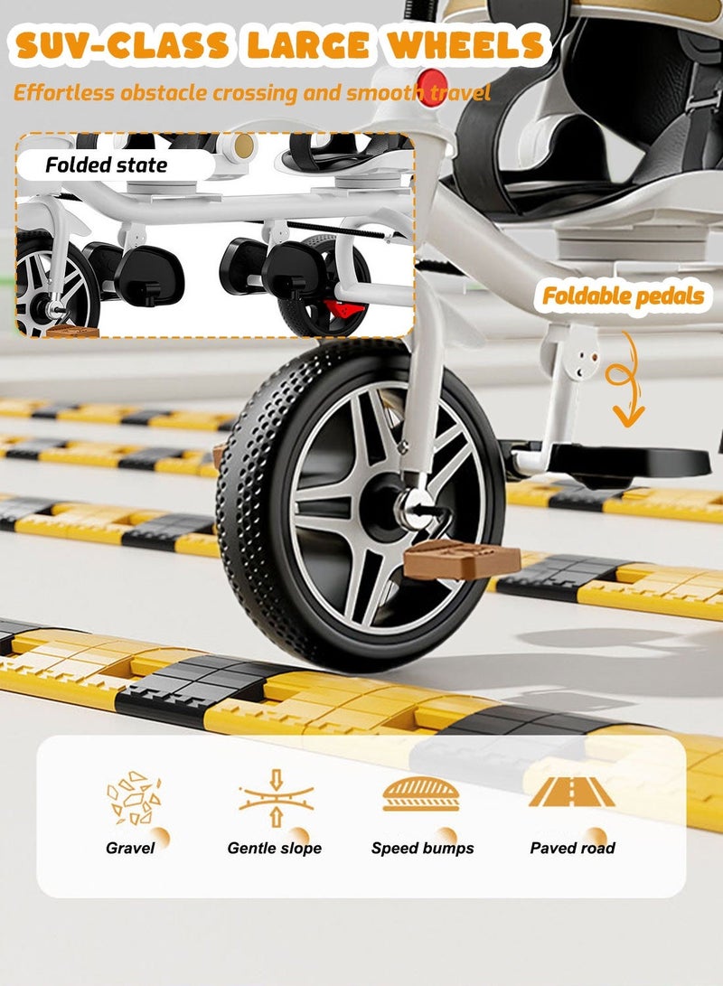 ما بيبي عربة أطفال قابلة للتحويل 2 في 1 ودراجة ثلاثية العجلات، دراجة عربة أطفال مزدوجة للتوأم، مقعد متكئ ودوران 360 درجة، دراجة ثلاثية العجلات للأطفال تنمو معي على 4 مراحل مع مظلة شمسية وأضواء موسيقية، تصميم خفيف الوزن وقابل للطي - Image 5