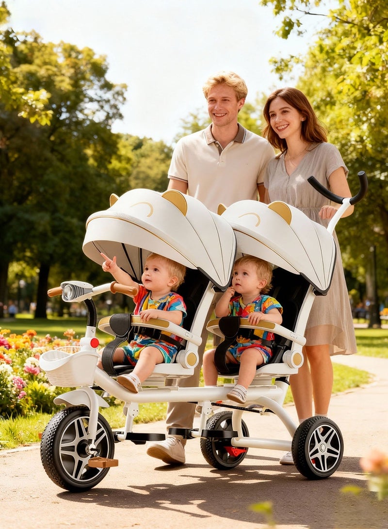 ما بيبي عربة أطفال قابلة للتحويل 2 في 1 ودراجة ثلاثية العجلات، دراجة عربة أطفال مزدوجة للتوأم، مقعد متكئ ودوران 360 درجة، دراجة ثلاثية العجلات للأطفال تنمو معي على 4 مراحل مع مظلة شمسية وأضواء موسيقية، تصميم خفيف الوزن وقابل للطي - Image 2