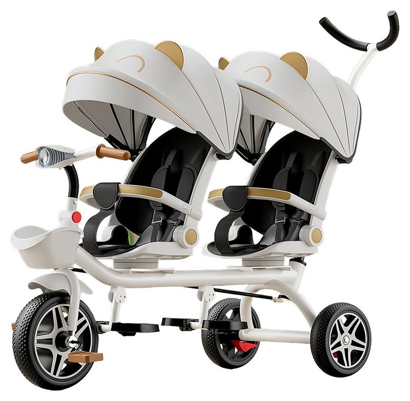 ما بيبي عربة أطفال قابلة للتحويل 2 في 1 ودراجة ثلاثية العجلات، دراجة عربة أطفال مزدوجة للتوأم، مقعد متكئ ودوران 360 درجة، دراجة ثلاثية العجلات للأطفال تنمو معي على 4 مراحل مع مظلة شمسية وأضواء موسيقية، تصميم خفيف الوزن وقابل للطي - Image 1