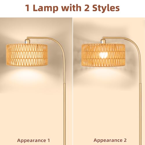 Brilvibera Gold Floor Lamps- Boho Floor Lamp for Room, Rattan Standing Lamps with Dimmable Bulb, Adjustable 2-in-1 Lampshades Arc Floor Lamp Over Couch Lamps for Living Room, Bedroom, Office - Image 2