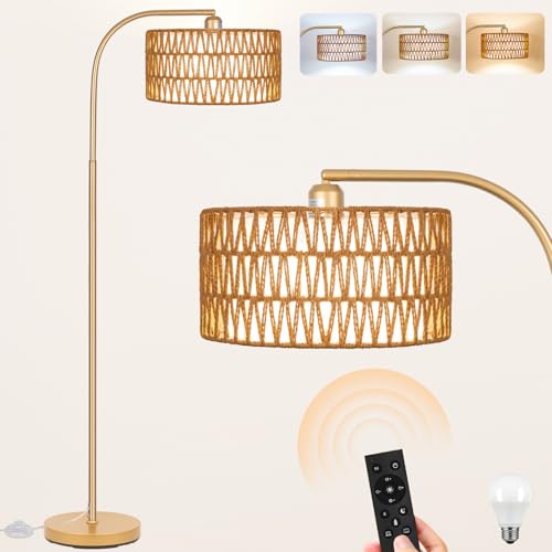 Brilvibera Gold Floor Lamps- Boho Floor Lamp for Room, Rattan Standing Lamps with Dimmable Bulb, Adjustable 2-in-1 Lampshades Arc Floor Lamp Over Couch Lamps for Living Room, Bedroom, Office - Image 1