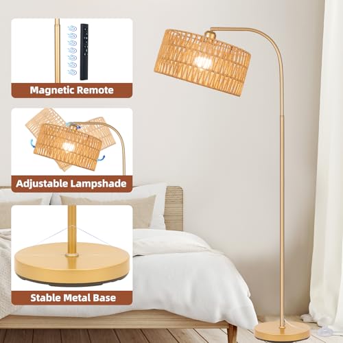 Brilvibera Gold Floor Lamps- Boho Floor Lamp for Room, Rattan Standing Lamps with Dimmable Bulb, Adjustable 2-in-1 Lampshades Arc Floor Lamp Over Couch Lamps for Living Room, Bedroom, Office - Image 5