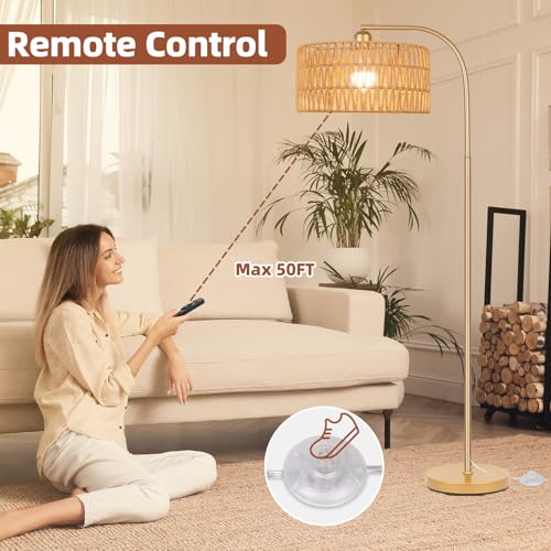 Brilvibera Gold Floor Lamps- Boho Floor Lamp for Room, Rattan Standing Lamps with Dimmable Bulb, Adjustable 2-in-1 Lampshades Arc Floor Lamp Over Couch Lamps for Living Room, Bedroom, Office - Image 3
