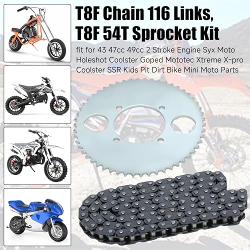 YOXUFA T8F Chain 116 Links 54T Rear Sprocket 54mm Bore with Chain Breaker for 43cc 47cc 49cc 2 Stroke SSR SX50 Scooter Syx Mini Moto Holeshot Metotec ATV Pocket Bike Quad Dirt Bike Parts - Image 3