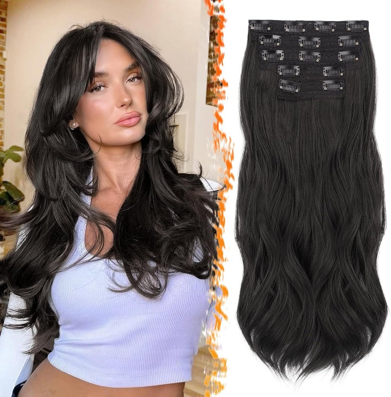 BARSDAR Black Brown Clip-In Hair Extensions, 50 cm Wavy Clip In Hair Extensions for Women, 5 Pieces Layered Hair Extensions Synthetic Lace Hairpieces Extensions – Black Brown - Image 1
