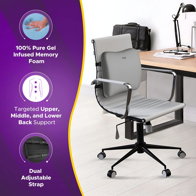 Frido Back Support for Chair & Lumbar Support for Car, Improves Posture, Back Rest Cushion for Back Pain, Gel-Infused Memory Foam Orthopedic Cushion with Air Flow Vents, Adjustable Dual Straps, Grey - Image 2