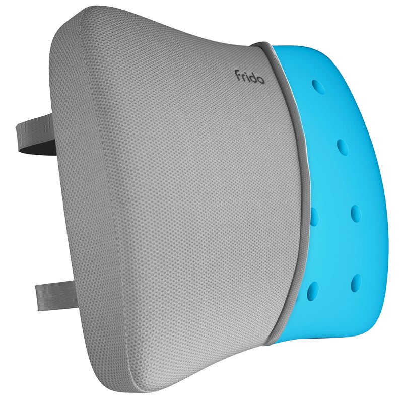 Frido Back Support for Chair & Lumbar Support for Car, Improves Posture, Back Rest Cushion for Back Pain, Gel-Infused Memory Foam Orthopedic Cushion with Air Flow Vents, Adjustable Dual Straps, Grey - Image 1