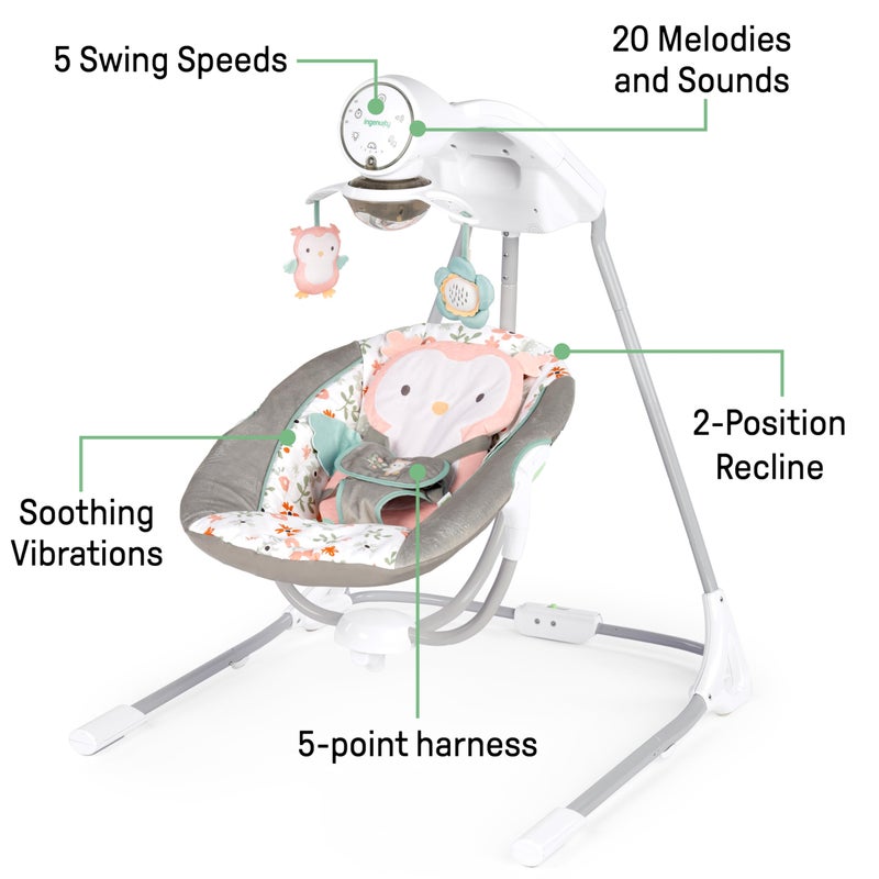 Ingenuity InLighten 5-Speed Baby Swing - Swivel Infant Seat, 5 Point Safety Harness, Nature Sounds, Lights - Nally Owl - Image 4