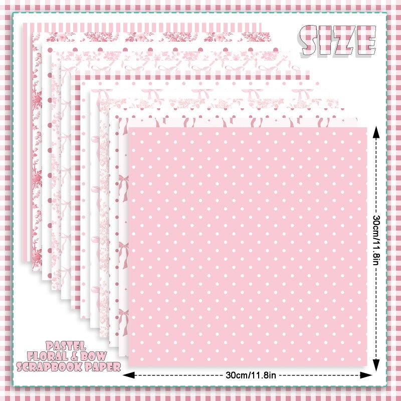 Fabllewavi 24 Sheets Preppy Pink Bow Scrapbook Paper, Coquette Bow Ribbon and Floral Decorative Craft Paper Folded Flat for Birthday Wedding Baby Shower Card Making Photo Album Decor, 12'' x 12'' - Image 2