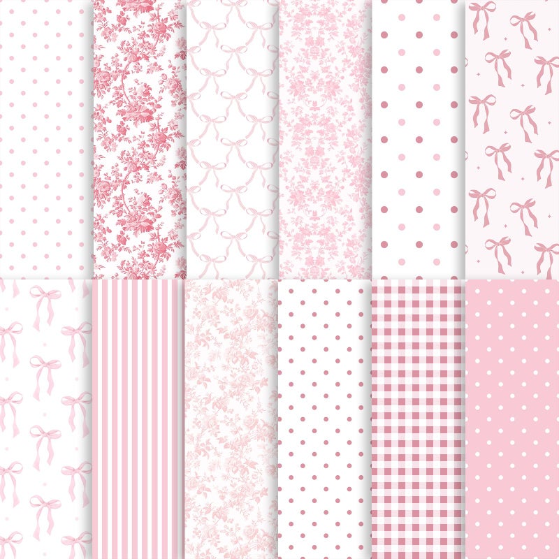 Fabllewavi 24 Sheets Preppy Pink Bow Scrapbook Paper, Coquette Bow Ribbon and Floral Decorative Craft Paper Folded Flat for Birthday Wedding Baby Shower Card Making Photo Album Decor, 12'' x 12'' - Image 1
