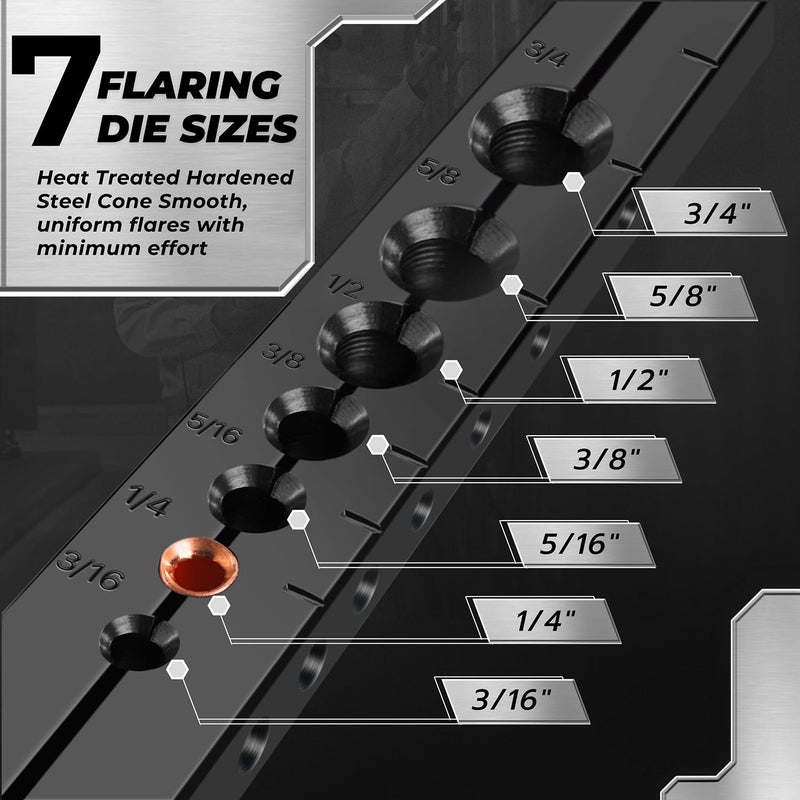Flexzion Flaring Tools Set Tubing Pipe 8 Dies Sizes 3/16-3/4inch 45 Degree Angle Eccentric Cone Type Kit with Copper Brass Aluminum Mild Steel for Water Gas Refrigeration Brake Line Applications - Image 4