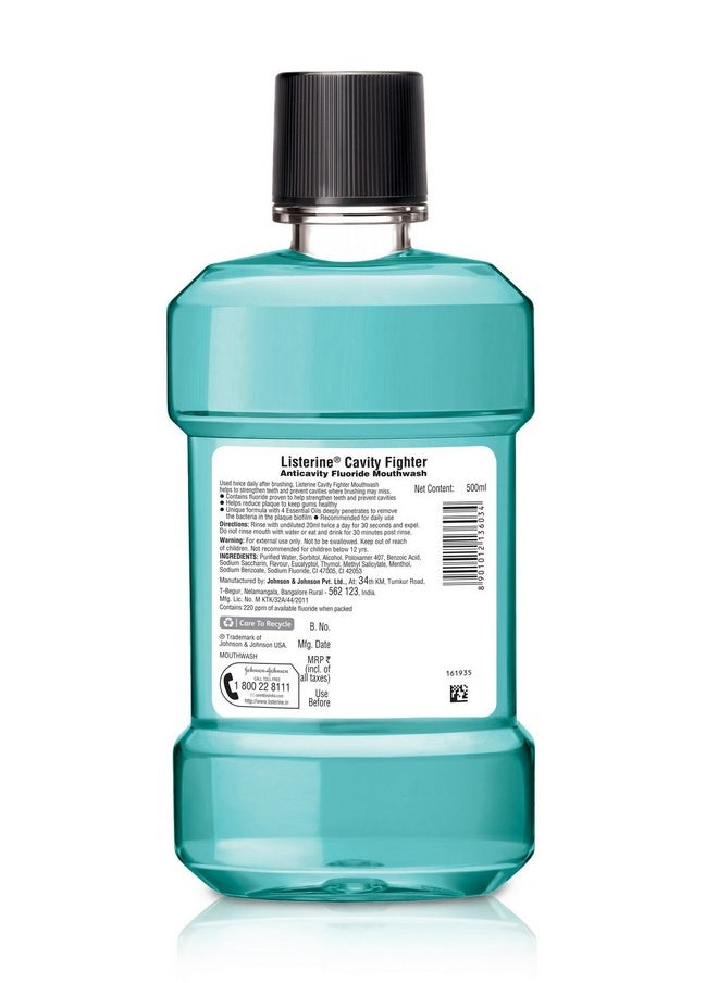 Listerine Cavity Fighter Mouthwash Liquid Removes 99.9% Germs Prevents Cavities 500Ml (Pack Of 1)  - Image 2