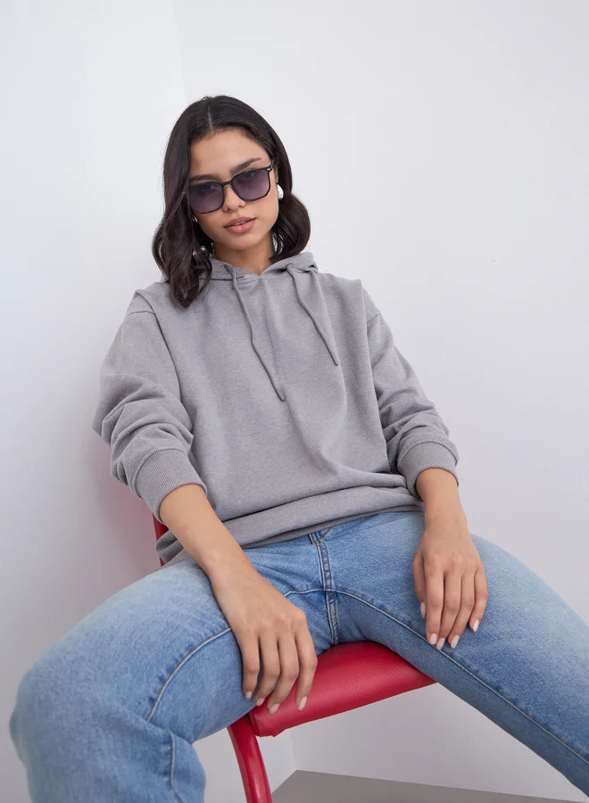Styli Styli Grey Longline Slogan Print Hoodie