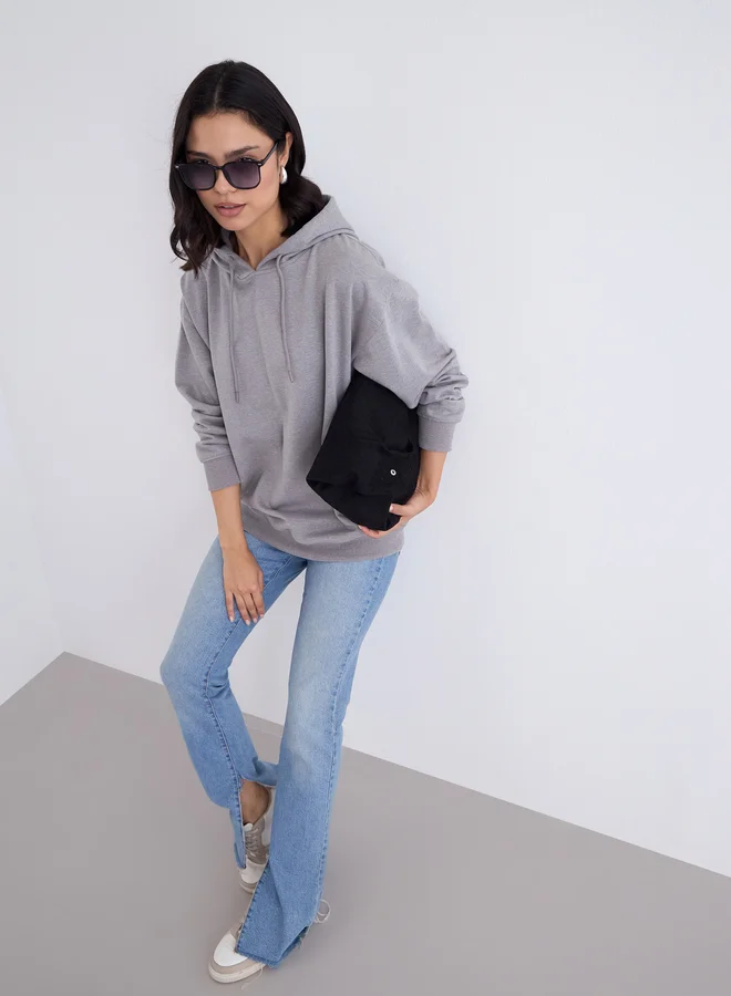 Styli Styli Grey Longline Slogan Print Hoodie