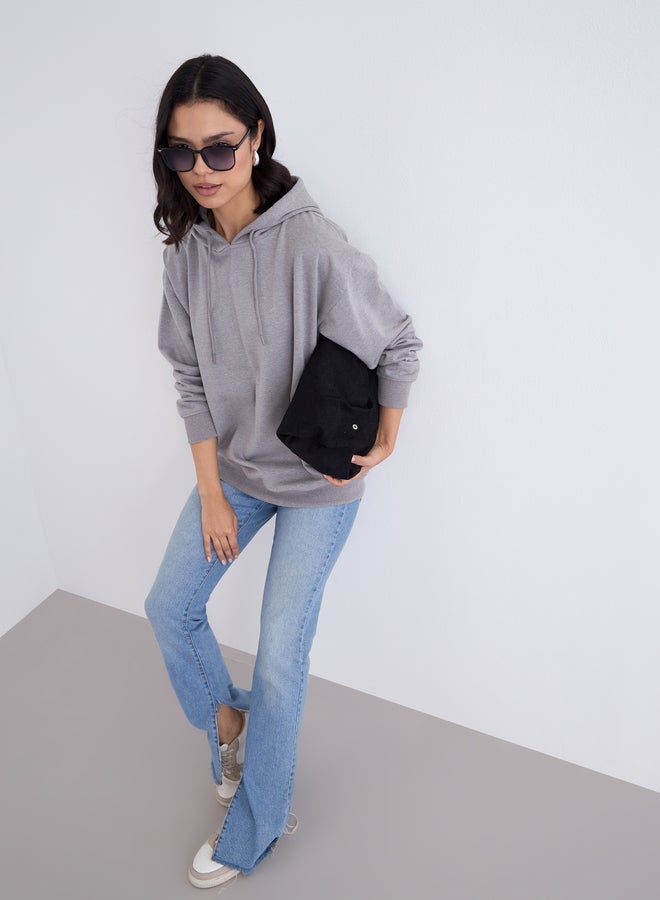 Styli Grey Longline Slogan Print Hoodie - Image 1