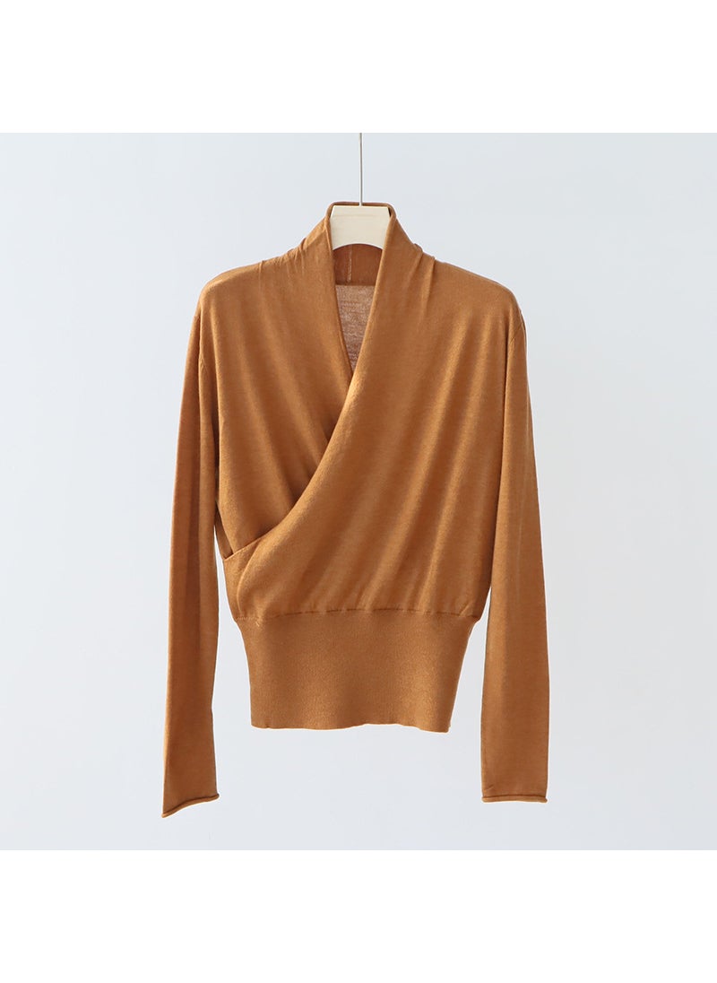 Generic High-waisted V-neck Wool-blend Slimming Pullover Sweater Womens Autumn/winter Knitted Top Long Sleeve Niche Design Sensibility Brown  - Image 1