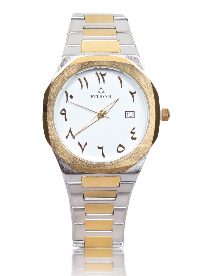 Fitron Men's Golden/Silver Wrist Watch with White Dial, Arabic Numbers and Date - Image 1