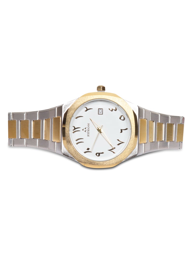 Fitron Men's Golden/Silver Wrist Watch with White Dial, Arabic Numbers and Date - Image 2