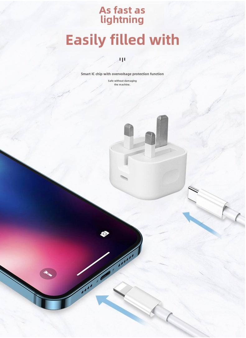 Generic - 25W USB C Super Fast Charging PD Charger, Wall Fast Charger with 1m USB C to Lightning Cable Compatible with iPhone 14/14 Pro/14 Pro Max/13/12/SE2020/11/XR/XS Max/X/iPad - Image 1