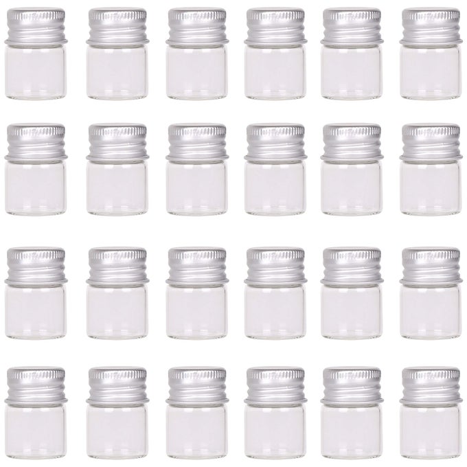 MINI GLASS BOTTLES WITH SCREW CAPS 5ML 24 SETS ALUMINUM TOP METAL LIDS 5 MILLILITER TINY VIALS SMALL JARS DIY STORAGE ART CRAFT DECOR