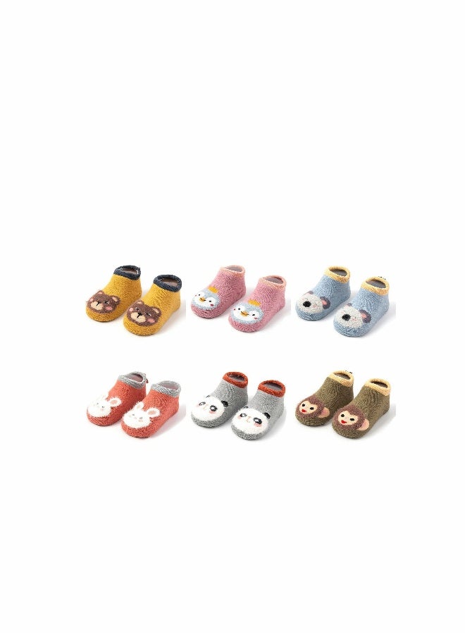 Baby Anti Slip Non Skid, Low Cut Socks No-Show Infant Cotton Cartoon Warm Slippers Floor Boat Ankle Socks - 6Pairs - Image 1