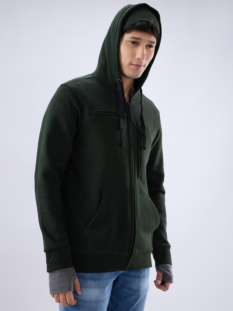 Spykar Men's Solid Hood Full Sleeves Sweatshirt Rifle Green - Image 5