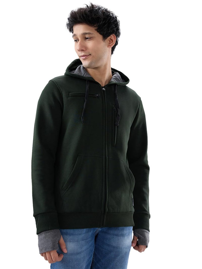 Spykar Men's Solid Hood Full Sleeves Sweatshirt Rifle Green - Image 1