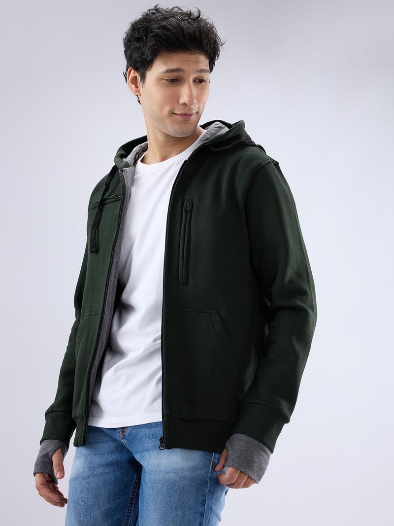 Spykar Men's Solid Hood Full Sleeves Sweatshirt Rifle Green - Image 4