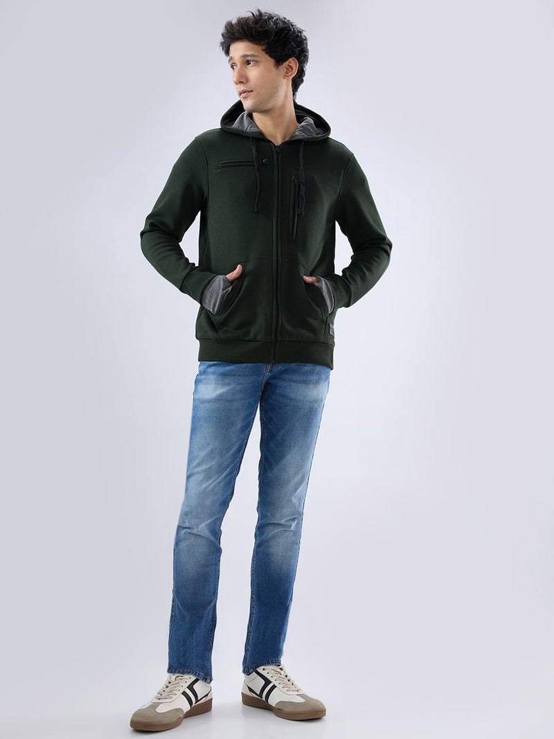 Spykar Men's Solid Hood Full Sleeves Sweatshirt Rifle Green - Image 2