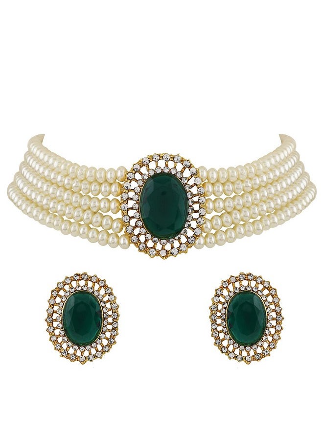 Shining Diva Fashion - Shining Diva Fashion Latest Stylish Fancy Choker Traditional Pearl Necklace Jewellery Set for Women (12550s), Green, One - Image 1