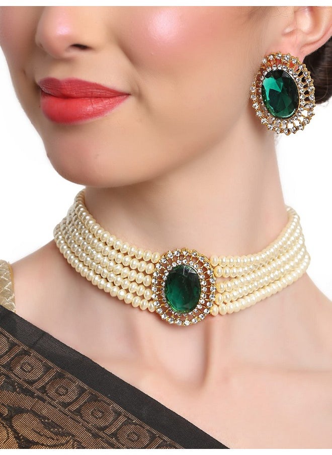 Shining Diva Fashion - Shining Diva Fashion Latest Stylish Fancy Choker Traditional Pearl Necklace Jewellery Set for Women (12550s), Green, One - Image 1