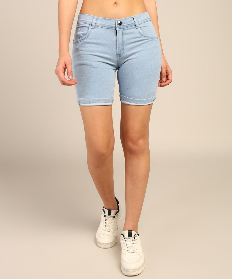 Nifty Women's Denim Stretchable Slim Fit Shorts (Short_PLN_ICE_28_SkyBlue_28) - Image 4