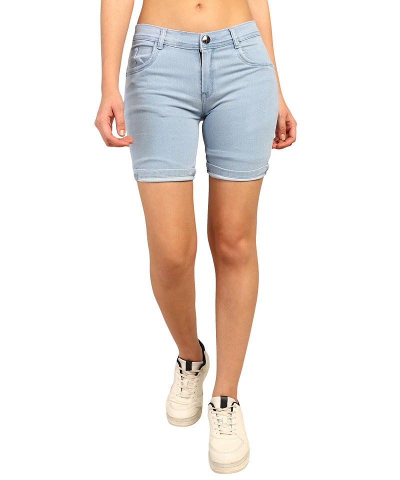 Nifty Women's Denim Stretchable Slim Fit Shorts (Short_PLN_ICE_28_SkyBlue_28) - Image 1