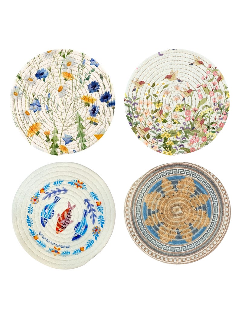 Reko Pot Holder, 4 Pack Round Woven Potholders Set, Cotton Braided Hot Pads - Image 1