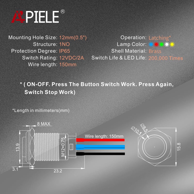 APIELE (Pcs of 2) 12mm Momentary Push Button Switch High Round Head Stainless Steel 1 Normally Open with Ring Led (Blue) - Image 2