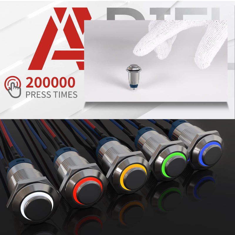 APIELE (Pcs of 2) 12mm Momentary Push Button Switch High Round Head Stainless Steel 1 Normally Open with Ring Led (Blue) - Image 4