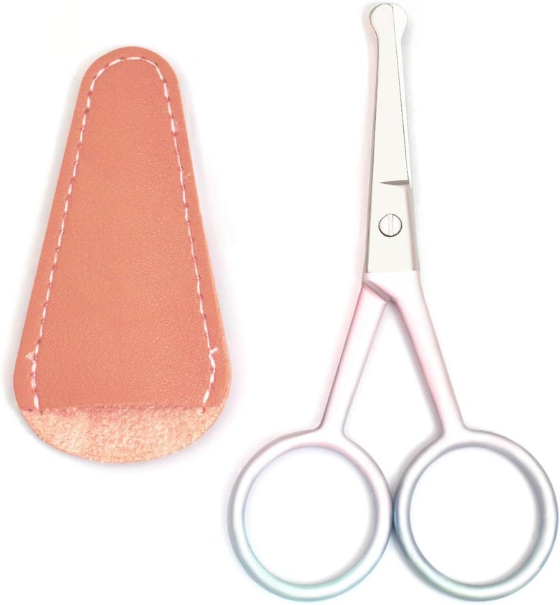 Premium Manicure Rounded Tip Scissors Multi-purpose Stainless Steel Cuticle Pedicure Beauty Grooming Shears for Nail, Eyebrow, Eyelash, Nose Hair (Pink 4 Inch With Artificial Leather Cover)