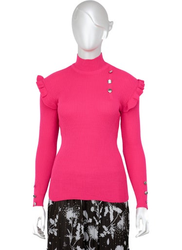 Oppland Women's Winter Sleeves Stylish Button Detailed Half Collar Ruffled Shoulders Long Sleeve Fitted Lycra Knitted Knitwear Badi Sweater  - Image 1