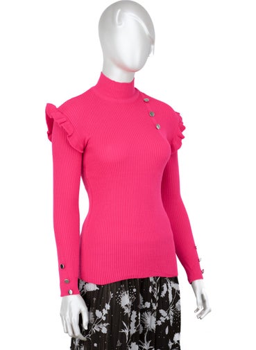 Oppland Women's Winter Sleeves Stylish Button Detailed Half Collar Ruffled Shoulders Long Sleeve Fitted Lycra Knitted Knitwear Badi Sweater  - Image 2