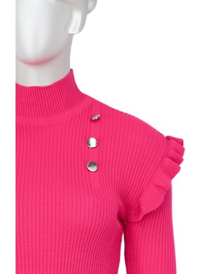Oppland Women's Winter Sleeves Stylish Button Detailed Half Collar Ruffled Shoulders Long Sleeve Fitted Lycra Knitted Knitwear Badi Sweater  - Image 4