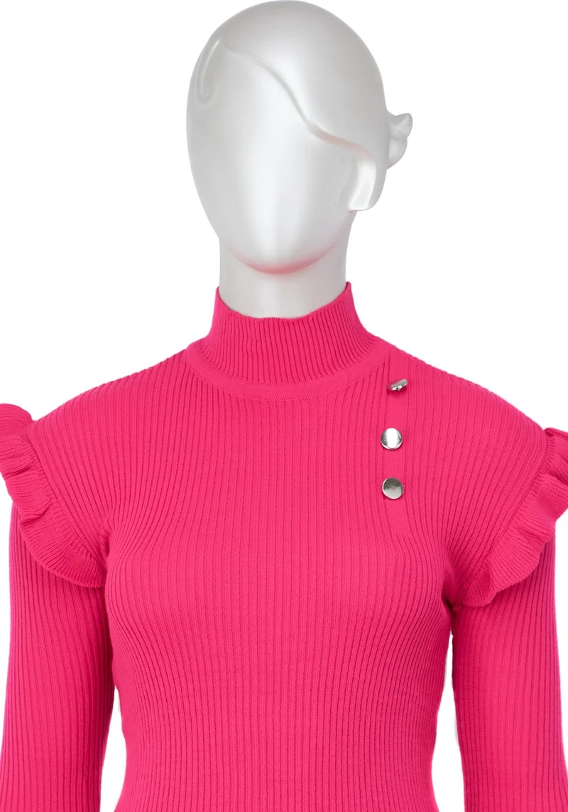 Oppland Women's Winter Sleeves Stylish Button Detailed Half Collar Ruffled Shoulders Long Sleeve Fitted Lycra Knitted Knitwear Badi Sweater