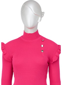Oppland Women's Winter Sleeves Stylish Button Detailed Half Collar Ruffled Shoulders Long Sleeve Fitted Lycra Knitted Knitwear Badi Sweater  - Image 3