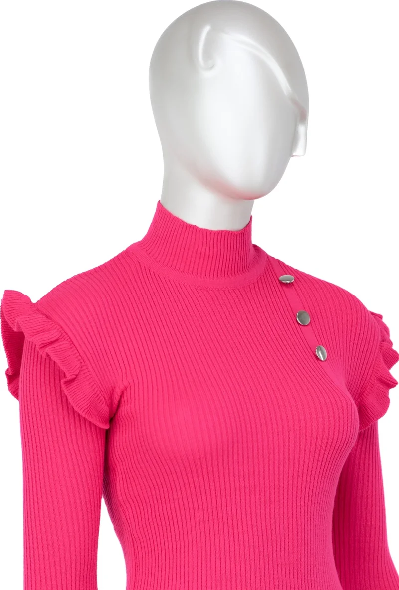 Oppland Women's Winter Sleeves Stylish Button Detailed Half Collar Ruffled Shoulders Long Sleeve Fitted Lycra Knitted Knitwear Badi Sweater