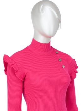 Oppland Women's Winter Sleeves Stylish Button Detailed Half Collar Ruffled Shoulders Long Sleeve Fitted Lycra Knitted Knitwear Badi Sweater  - Image 5