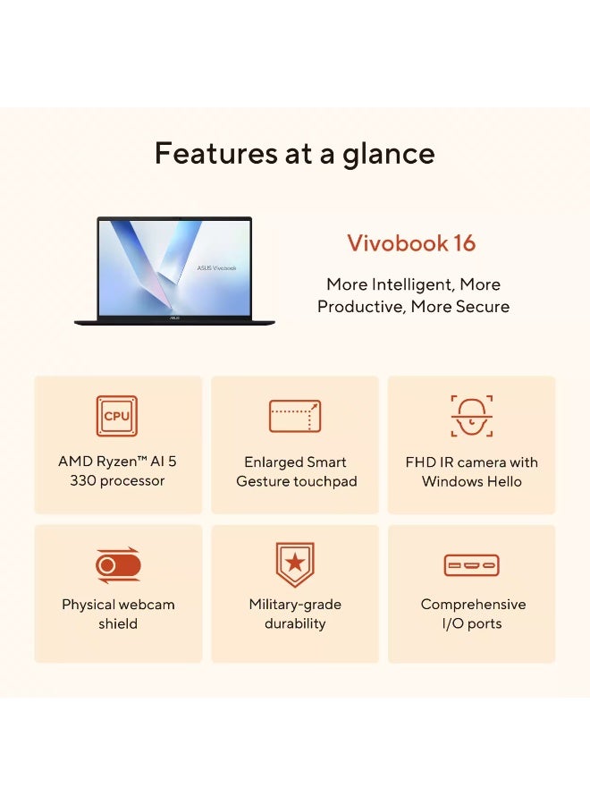 ASUS VivoBook 16 M1607KA Laptop, 16” WUXGA 1920x1200 Display, AMD Ryzen AI 5 330 Processor, 16GB RAM, 2TB SSD, Windows 11, WiFi 6E, Copilot+ PC Quite Blue - Image 5